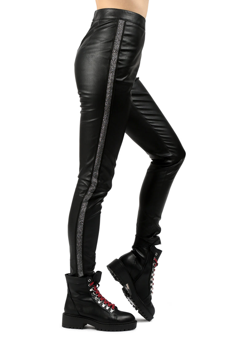 faux leather skinny pant with tapered side-line#color_black