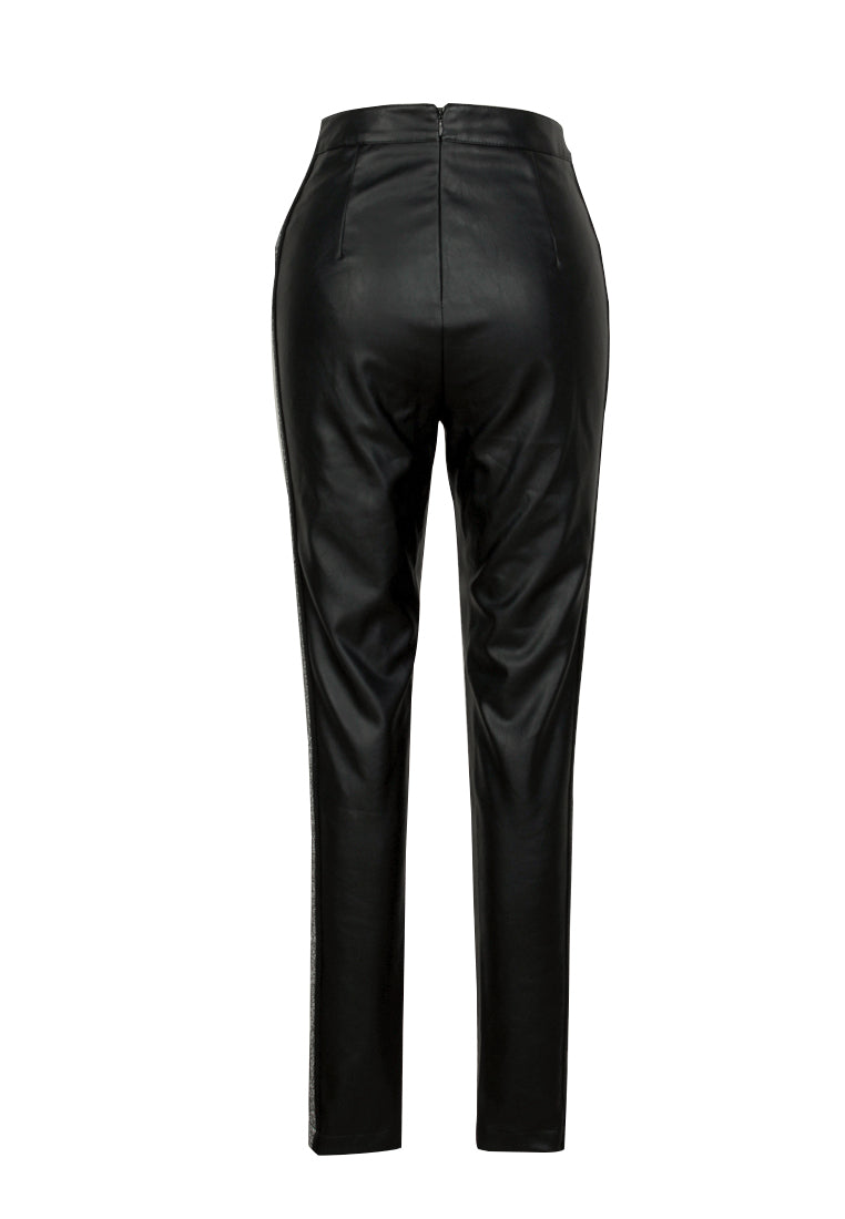 faux leather skinny pant with tapered side-line#color_black