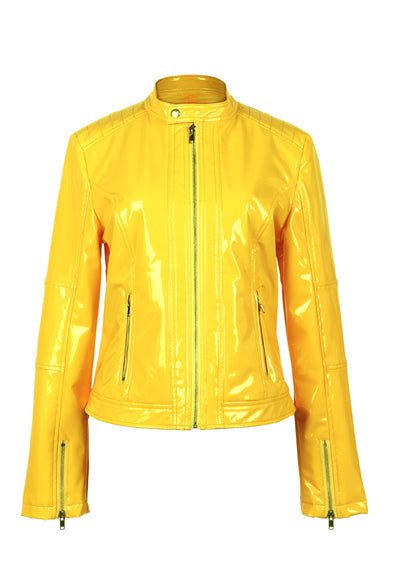 zipper faux leather biker jacket#color_mustard