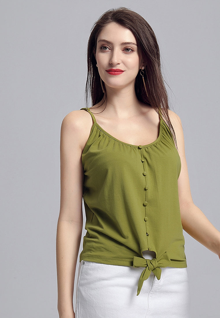 front tie spaghetti top#color_olive-green