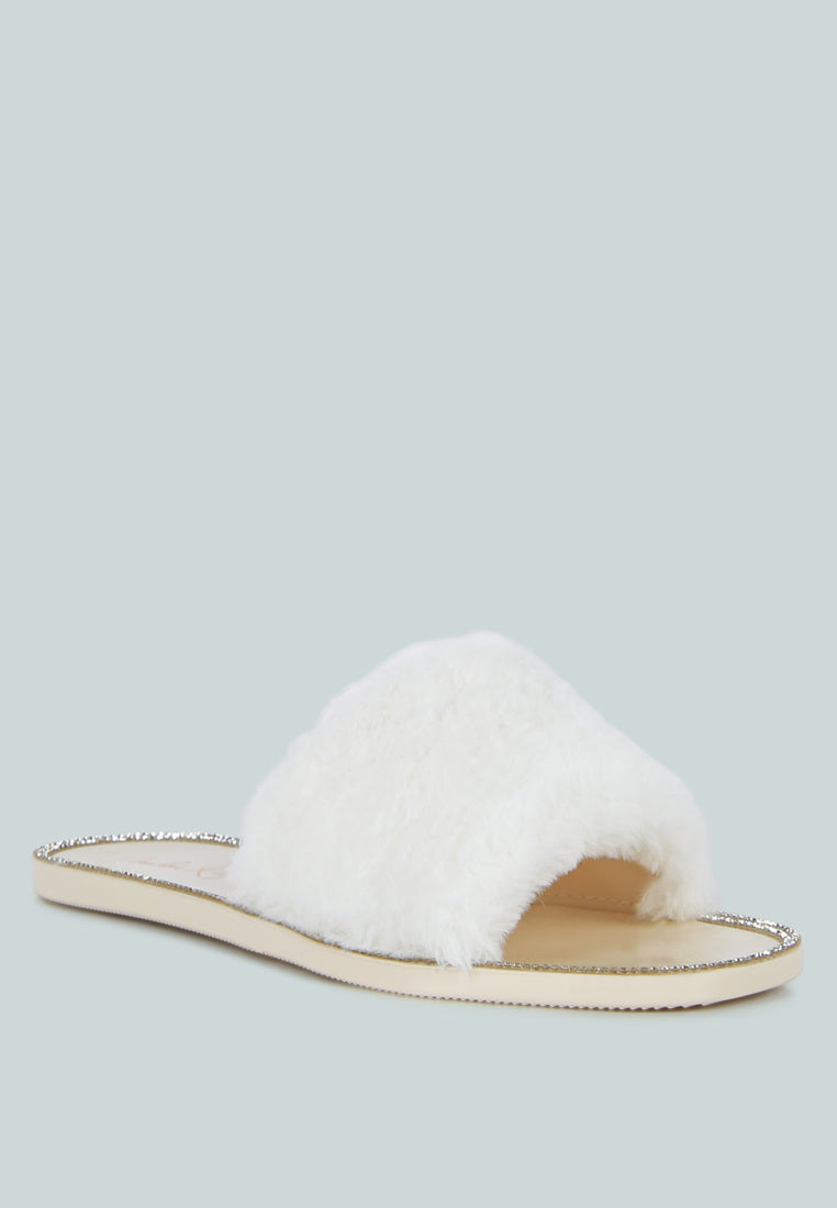 geese faux fur diamante detail jelly flats by ruw#color_beige