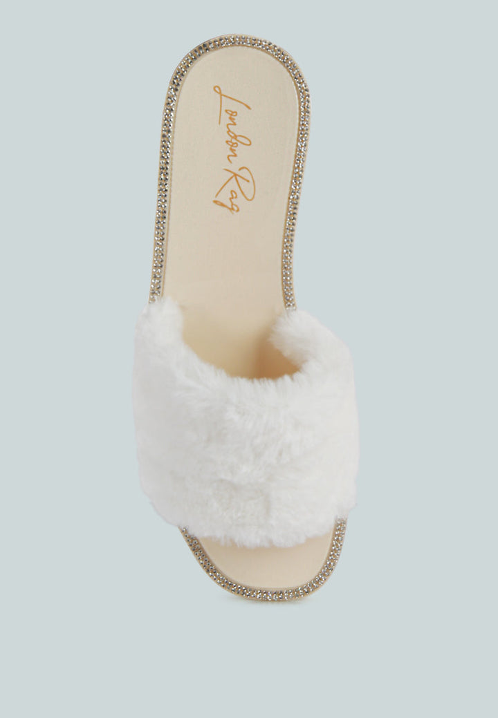 geese faux fur diamante detail jelly flats by ruw#color_beige
