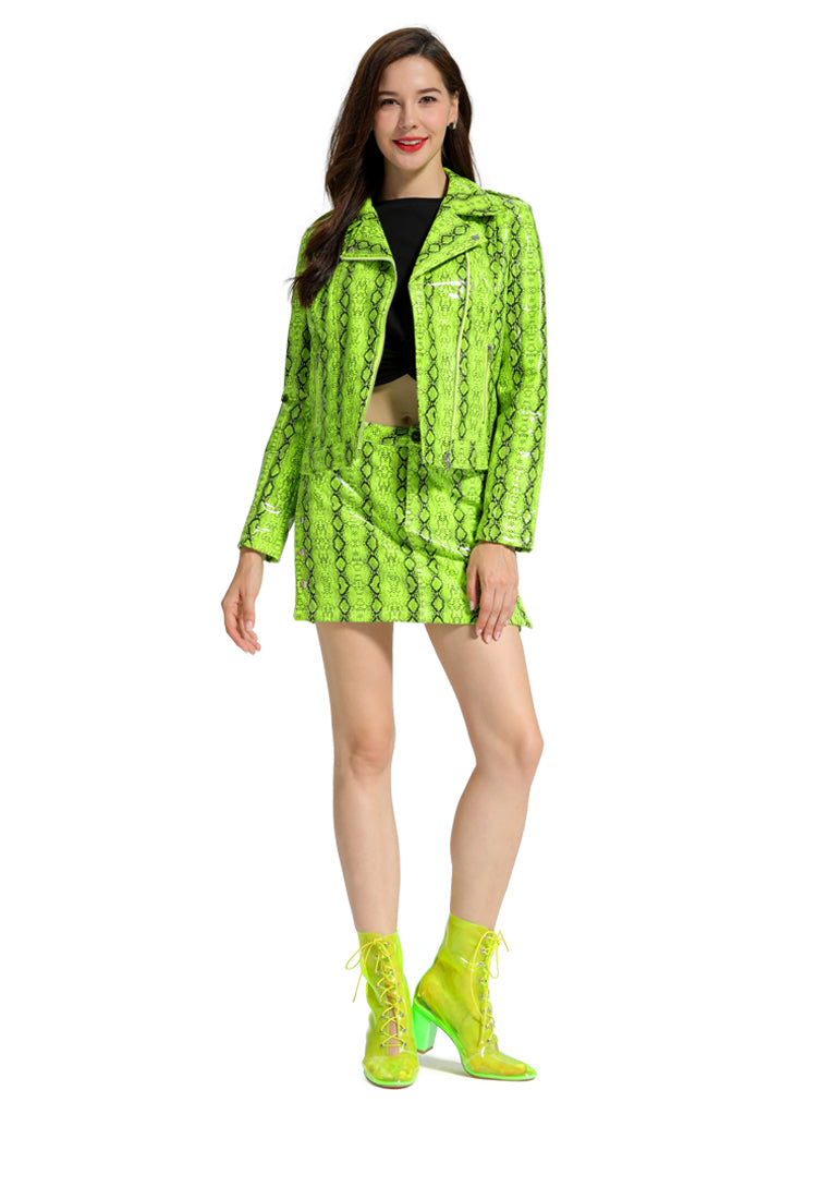 neon printed pu jacket and skirt co-ord set#color_green-snake-print