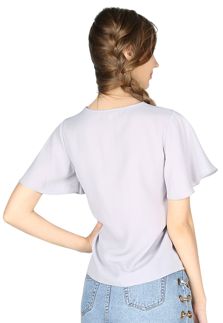 short bell sleeve v neck casual top#color_grey