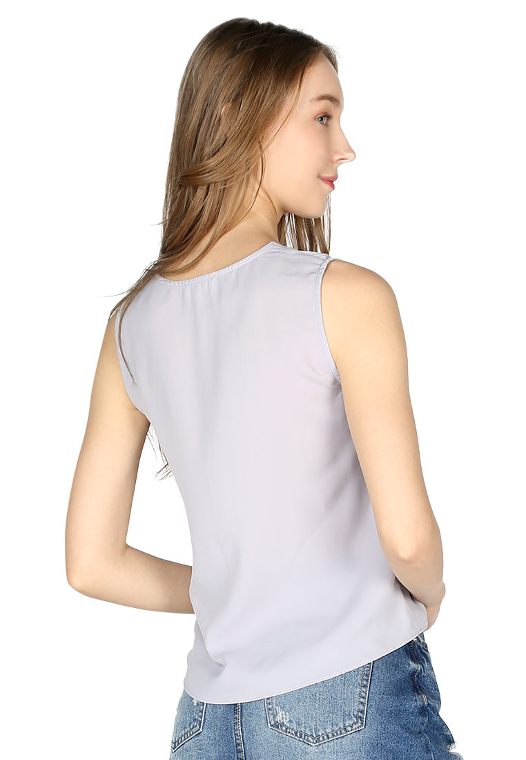 sleeveless v neck casual top#color_grey