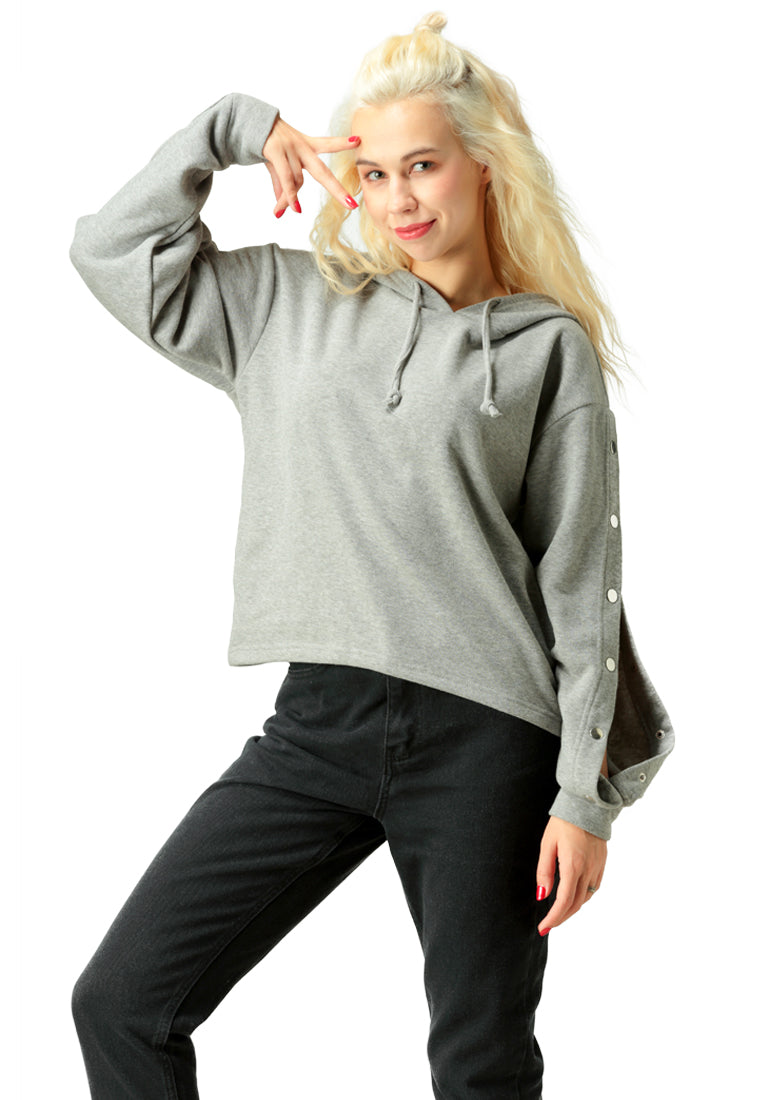 button detailed sleeve hoodie#color_grey