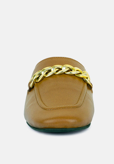 honey leather chain detail mules#color_tan