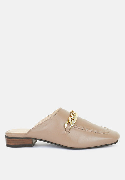honey leather chain detail mules#color_taupe