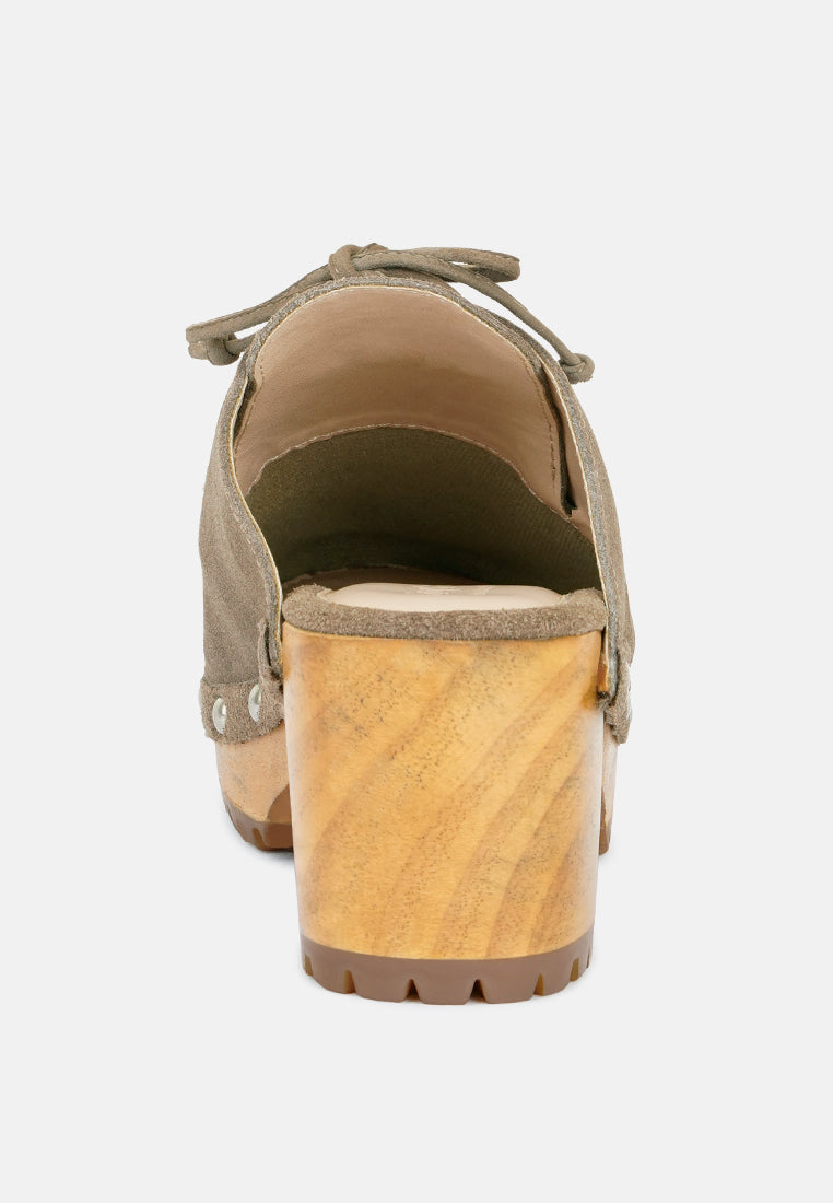 iroko suede tie detail stud clogs by ruw#color_taupe