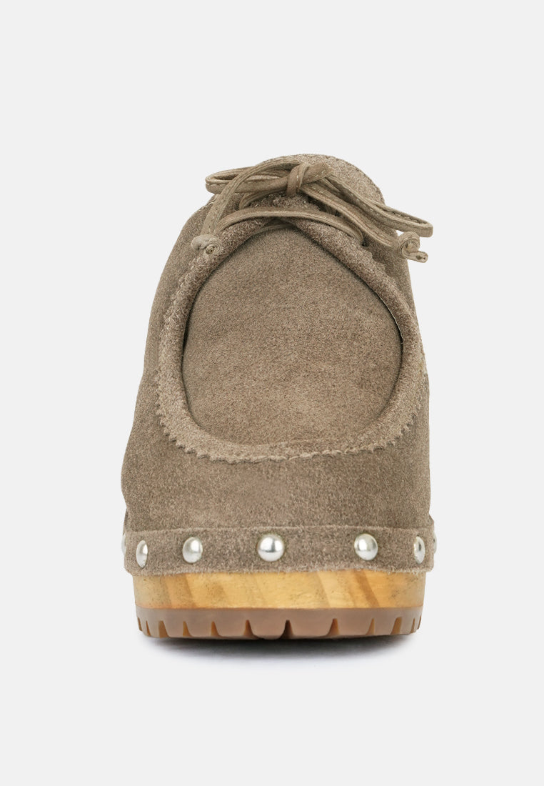 iroko suede tie detail stud clogs by ruw#color_taupe
