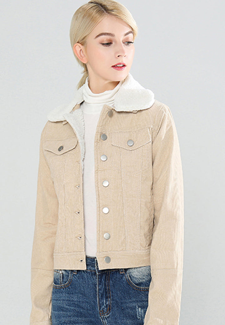 denim jacket with fur collar#color_beige