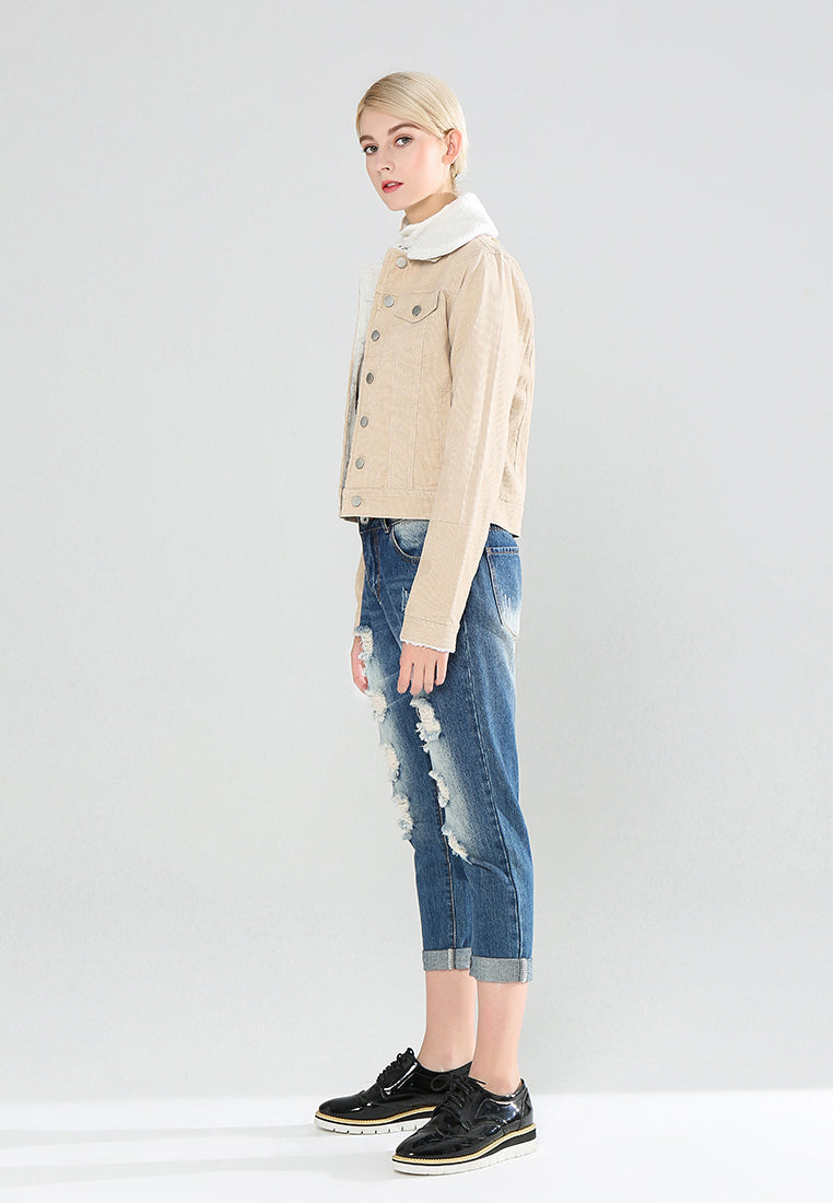 denim jacket with fur collar#color_beige