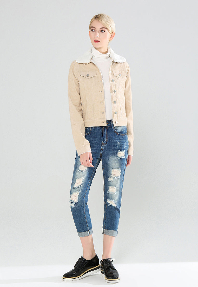 denim jacket with fur collar#color_beige