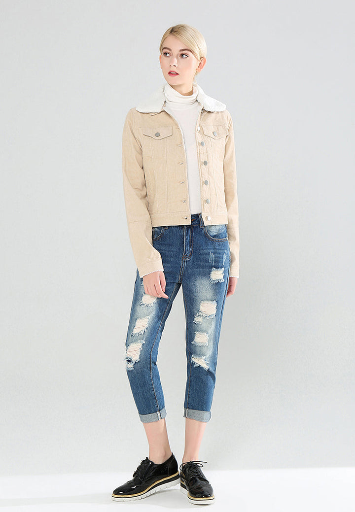 denim jacket with fur collar#color_beige