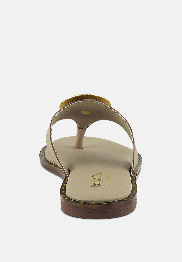 kathleen buckle embellished slip on thong sandals#color_beige