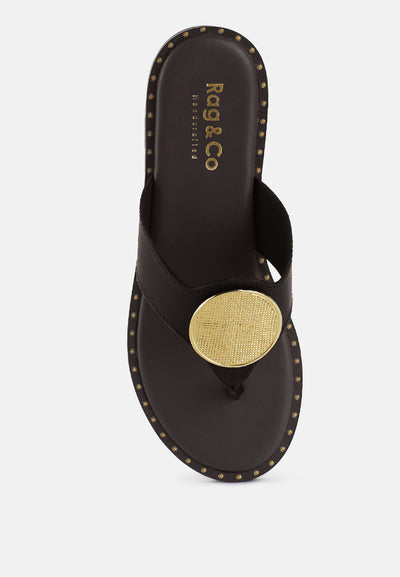 kathleen buckle embellished slip on thong sandals#color_brown
