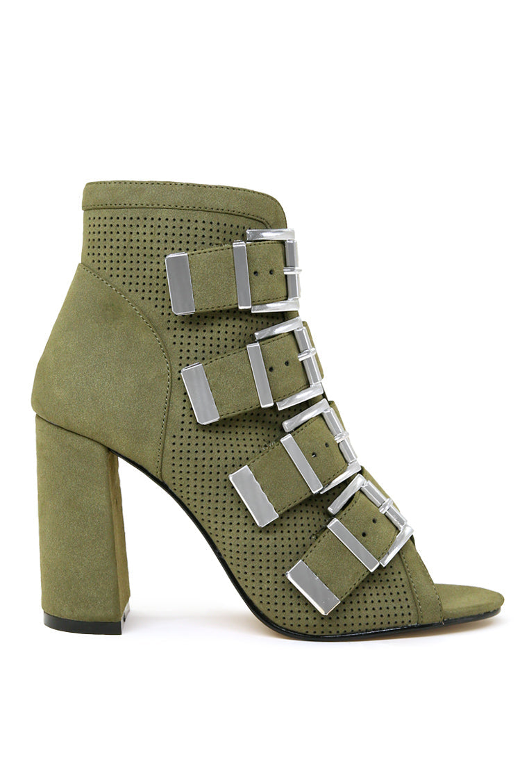 Peep Toe Buckled Block Heel Sandals#color_green