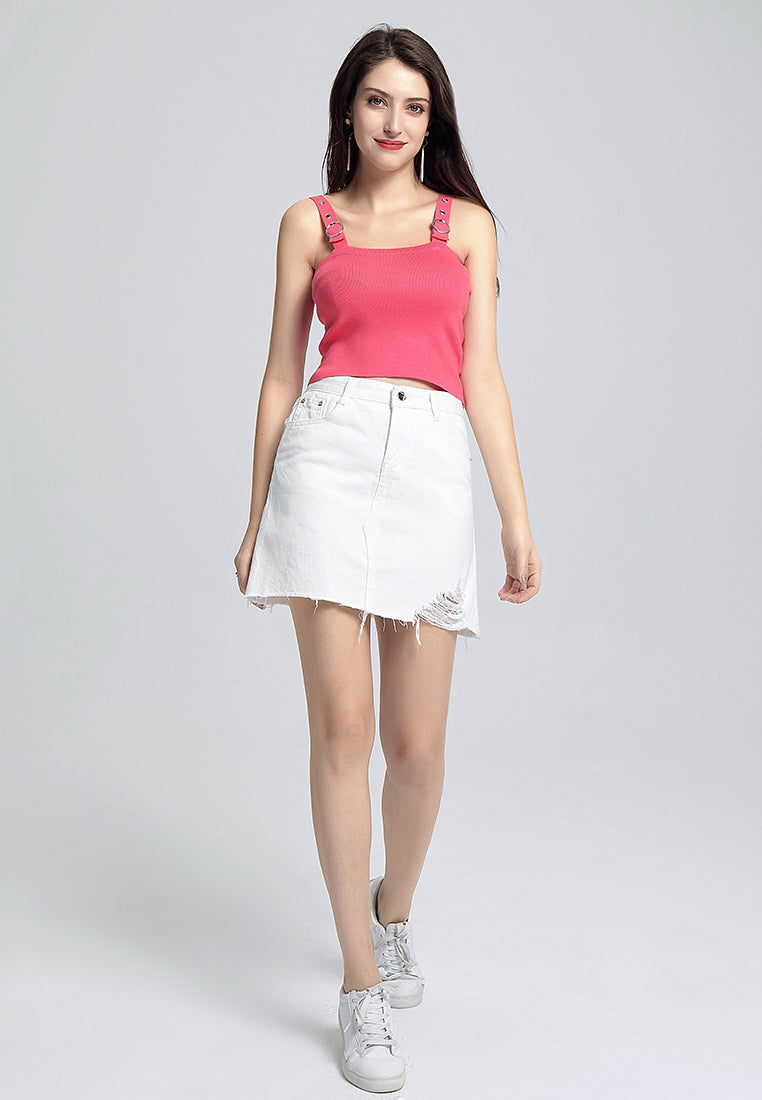 buckled knitted crop top#color_coral
