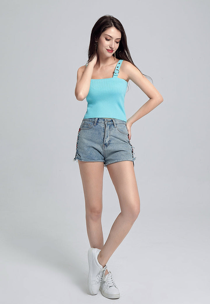 buckled knitted crop top#color_sea-blue