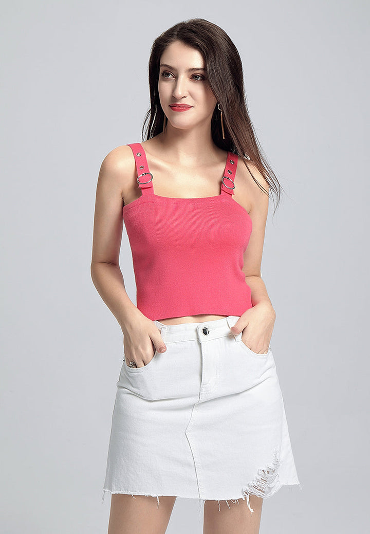 buckled knitted crop top#color_coral
