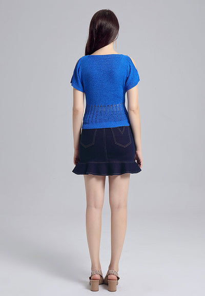 cold shoulder knitted mesh top#color_blue