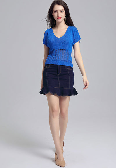 cold shoulder knitted mesh top#color_blue