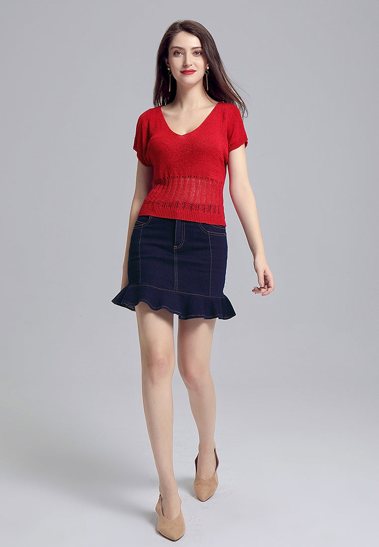 cold shoulder knitted mesh top#color_red