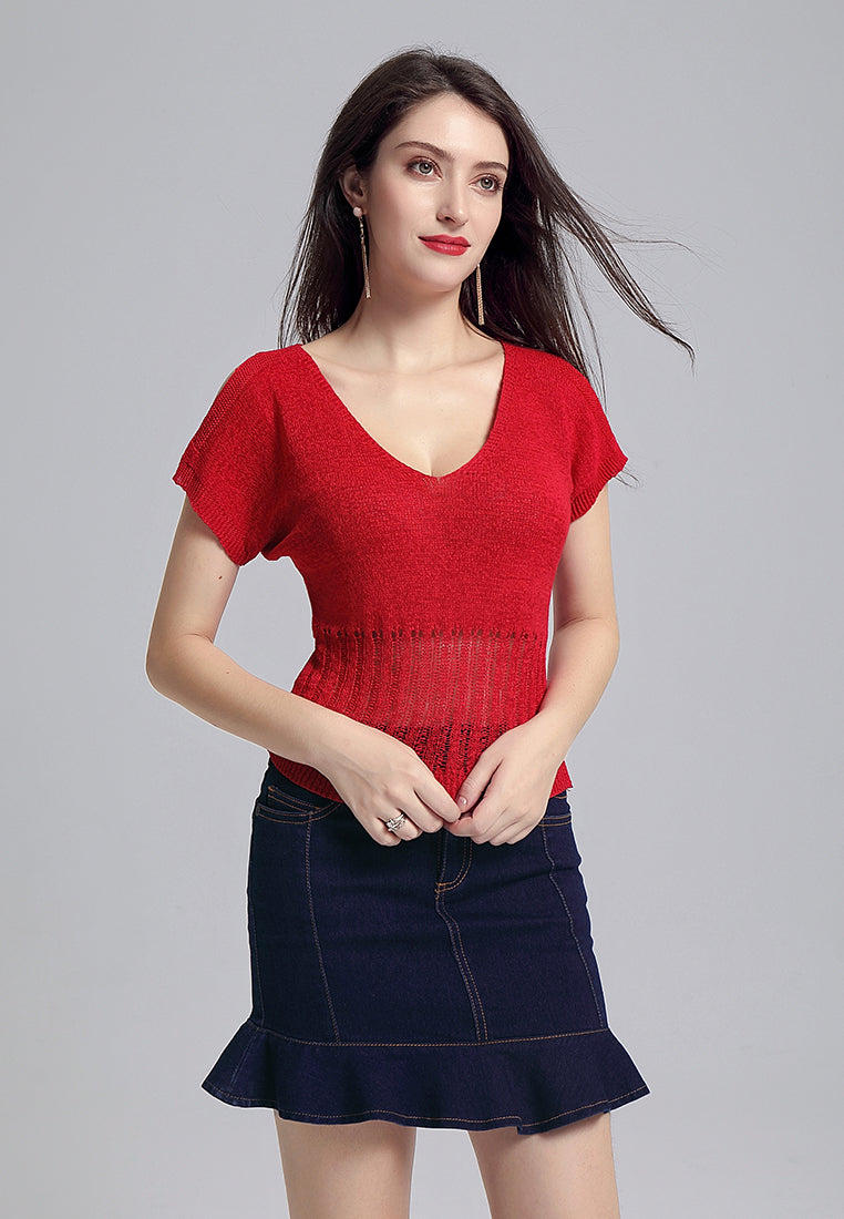 cold shoulder knitted mesh top#color_red
