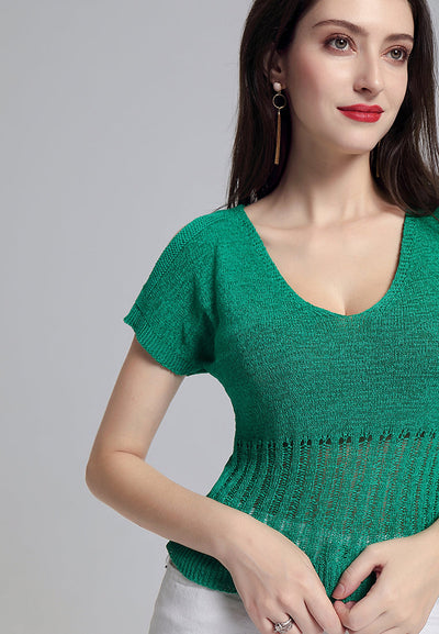 cold shoulder knitted mesh top#color_green