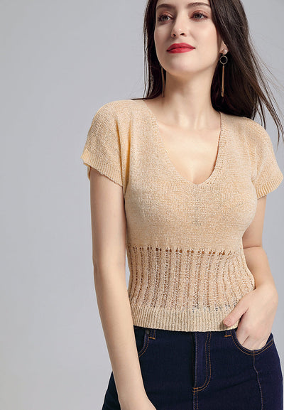 cold shoulder knitted mesh top#color_beige