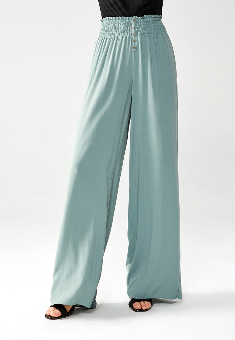 smocked wide waistband pants#color_green