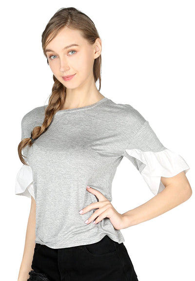 grey petal sleeve casual top#color_grey