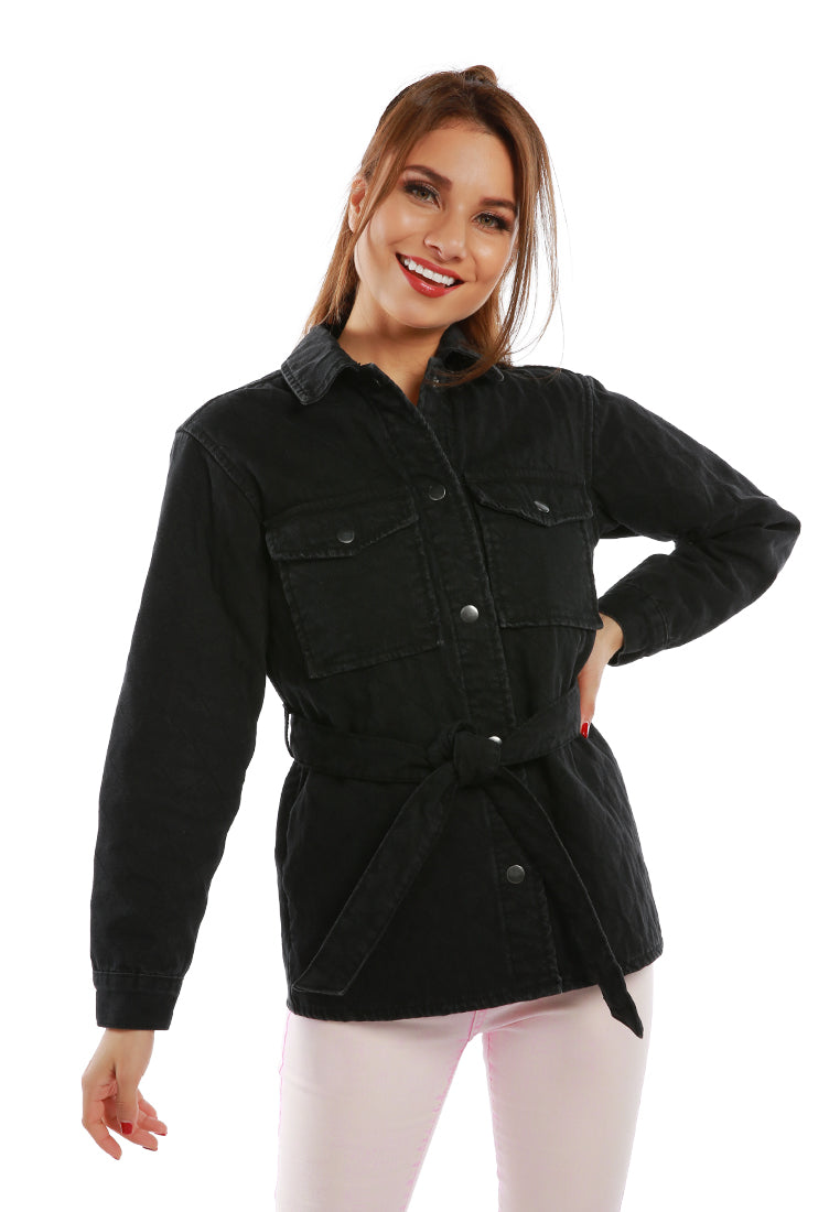 long sleeve quilt pattern belted jacket#color_black