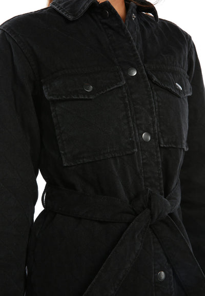 long sleeve quilt pattern belted jacket#color_black
