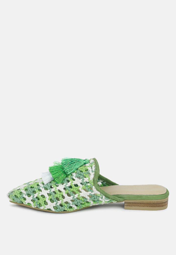 mariana woven flat mules with tassels#color_green