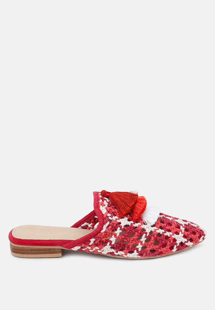 mariana woven flat mules with tassels#color_red