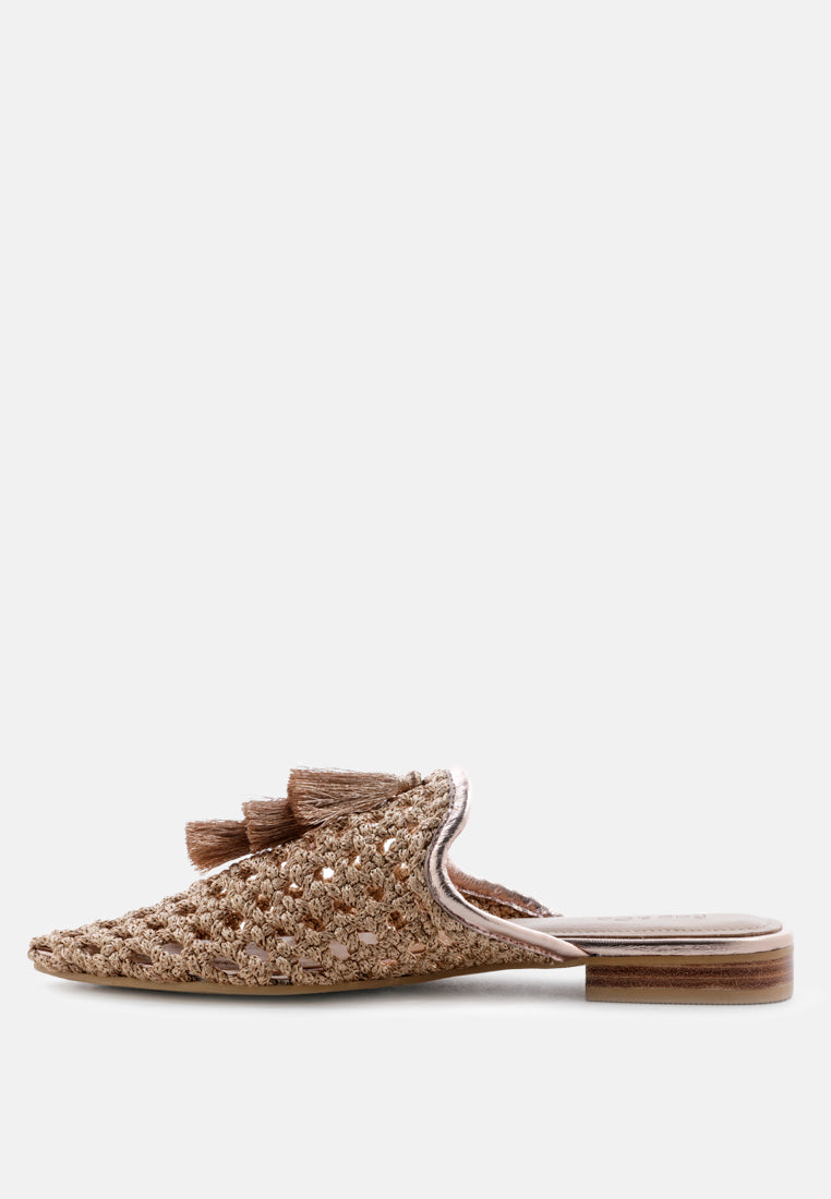 melanie woven flat mules with tassels#color_bronze