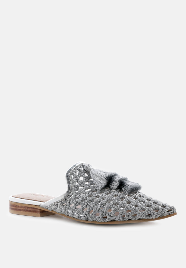 melanie woven flat mules with tassels#color_silver