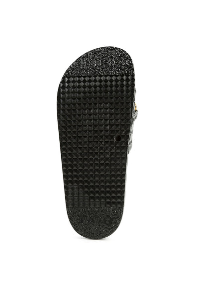 miamishot bling chain strap woven slip on flats#color_black