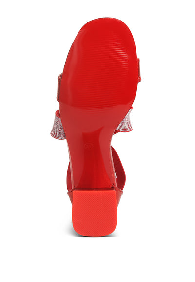 metallic elasticated strappy block heel sandals#color_red