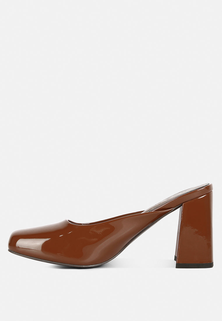neoplast patent pu block heeled mules by ruw#color_brown
