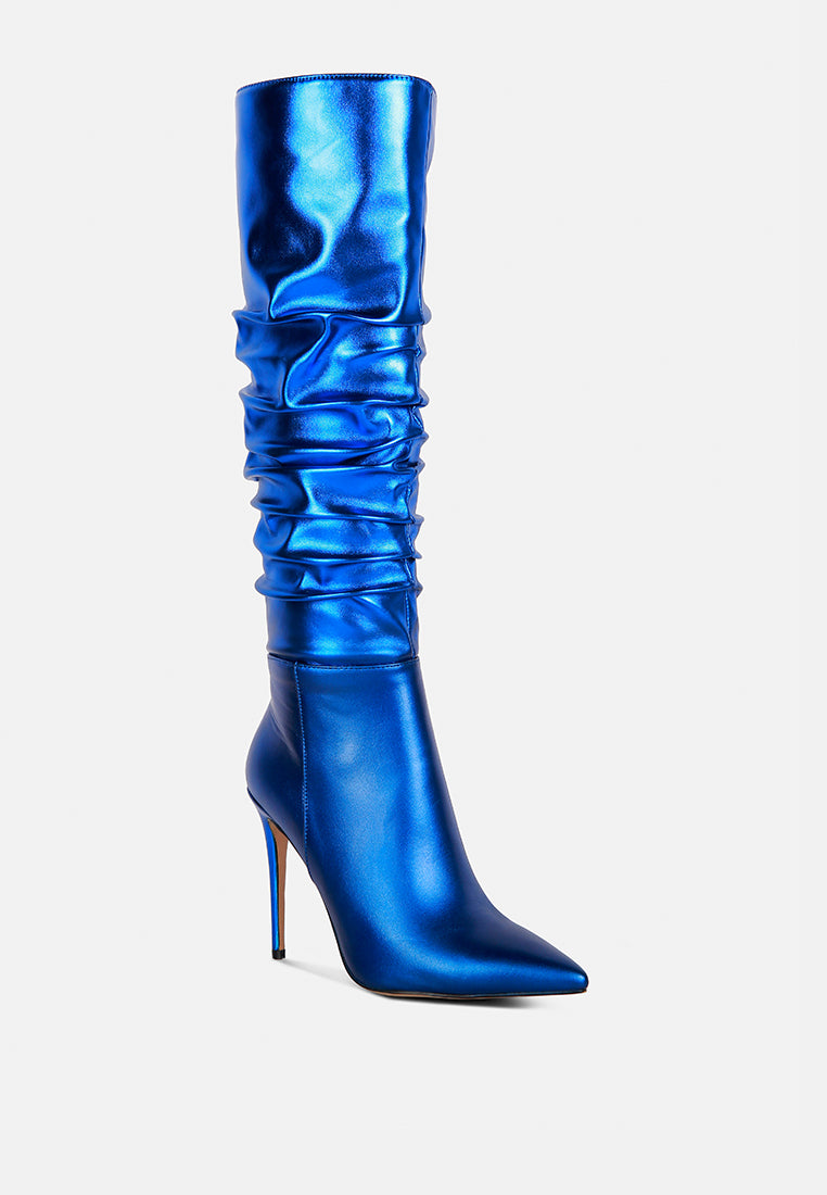 new expression metallic ruched stiletto calf boots by ruw#color_blue
