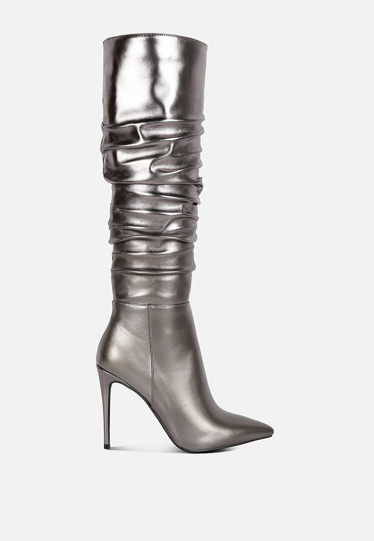 new expession metallic ruched stiletto calf boots#color_grey