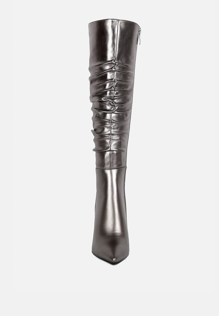 new expession metallic ruched stiletto calf boots#color_grey