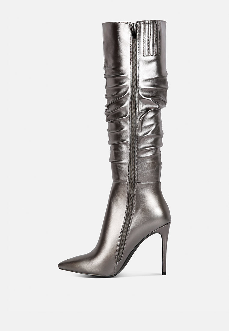 new expression metallic ruched stiletto calf boots by ruw#color_grey