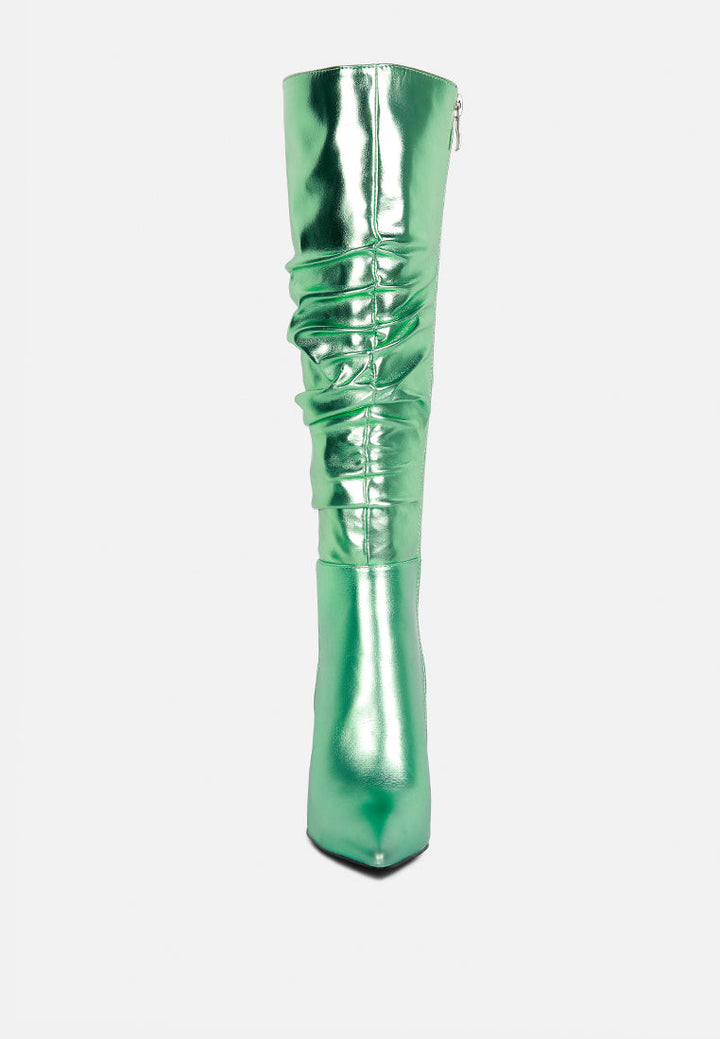 new expession metallic ruched stiletto calf boots#color_mint-green