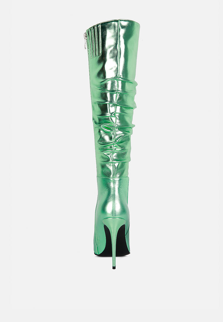 new expession metallic ruched stiletto calf boots#color_mint-green