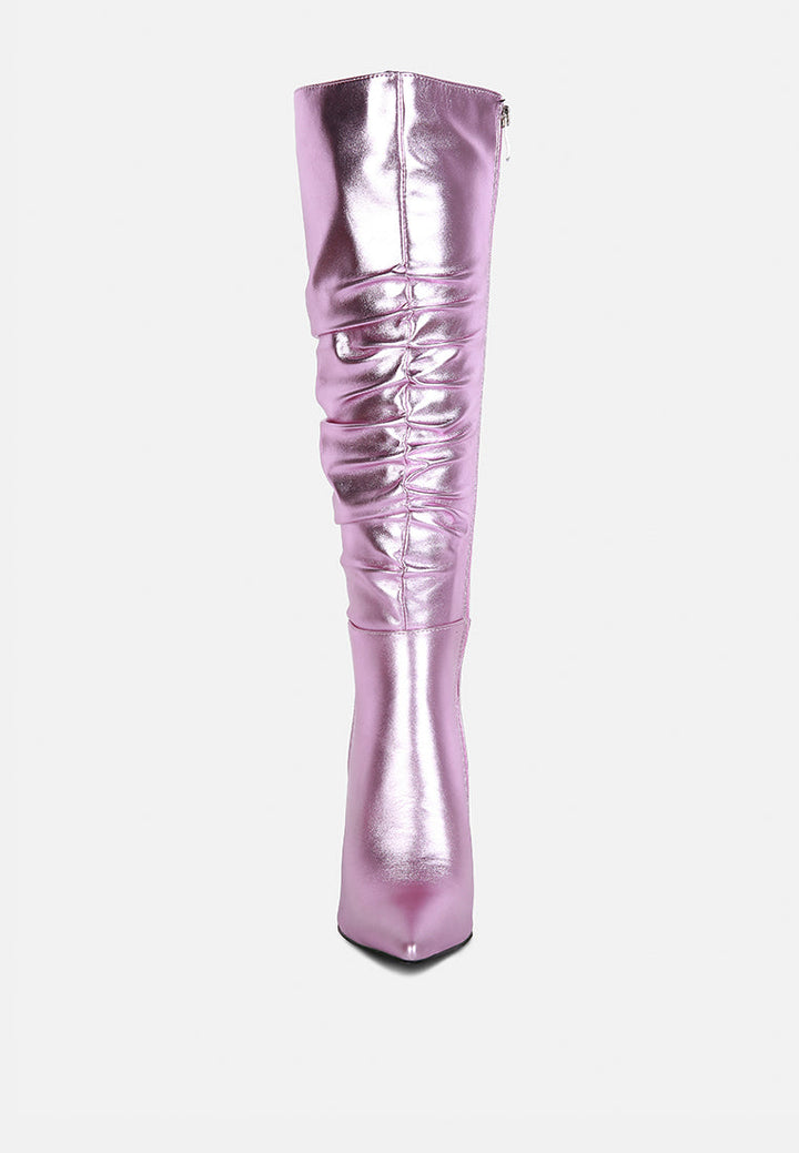 new expession metallic ruched stiletto calf boots#color_pink