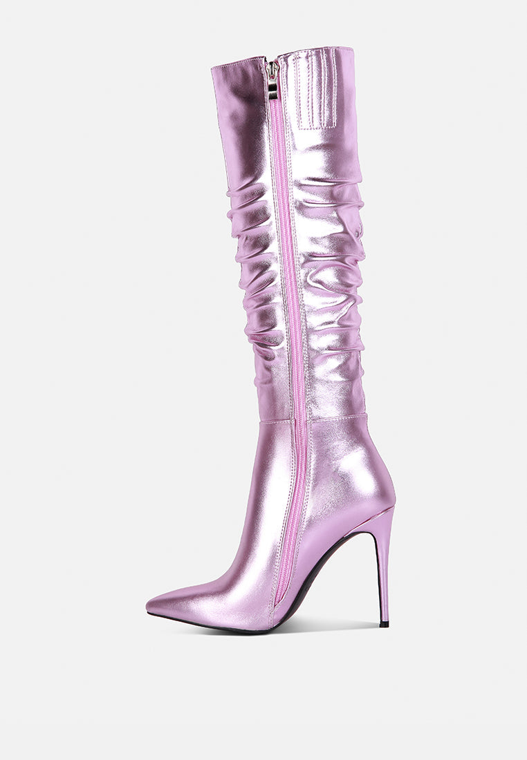 new expession metallic ruched stiletto calf boots#color_pink