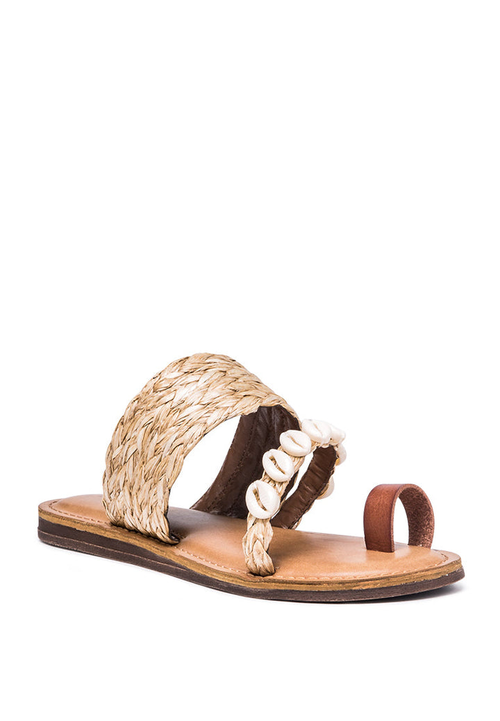 fusun braided slipon flat sandals with sea shell details#color_cognac-natural